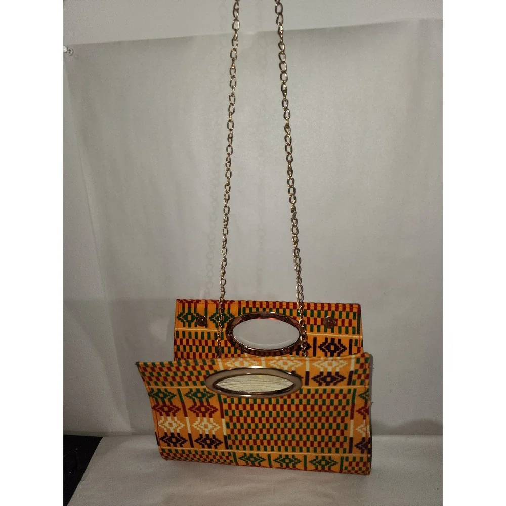 Kente Print Handbag Yellow Geometric Gold Metal Handle Crossbody Chain Strap